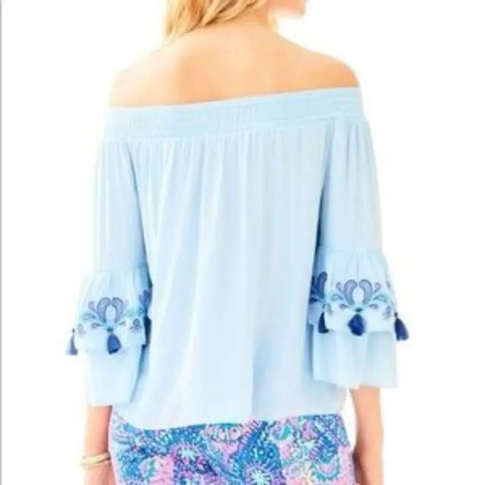 Lilly Pulitzer Tobyn Off The Shoulder Top Boho Blue Size medium Style 27940 - Picture 3 of 9